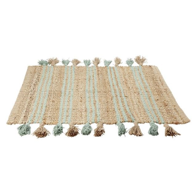 Tapis en jute vert et naturel avec pompons 60x90cm