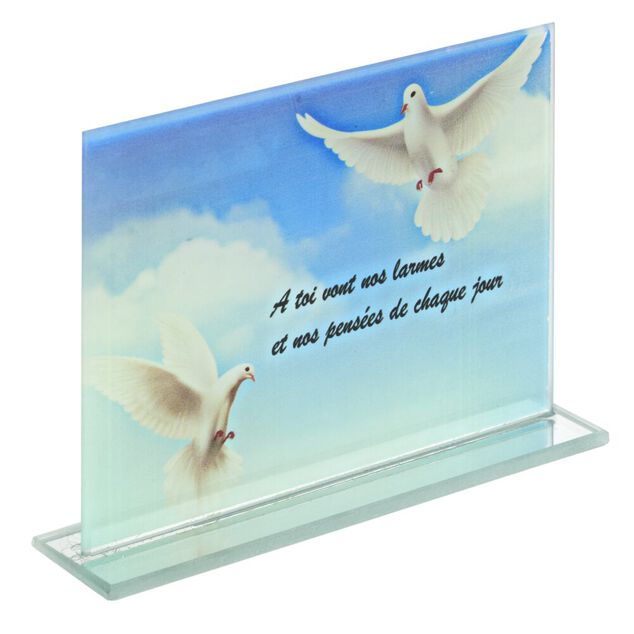 Plaque fun&eacute;raire rectangulaire en verre d&eacute;cor oiseau et ciel bleu 16x3,5xH10,5cm