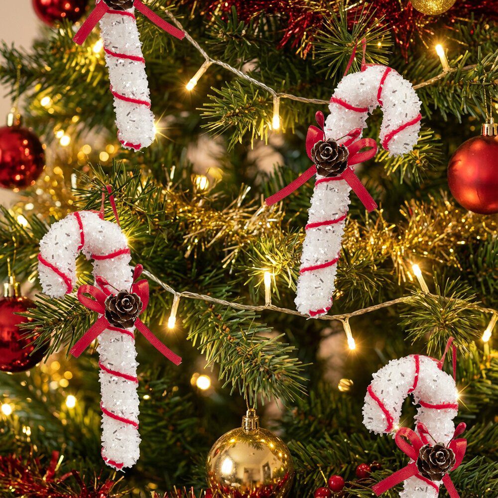 Décorations De Noël à Suspendre - Lot De 24 (12 Suçons D'orge + 12 Nœuds) - Rouge Et Blanc - Pour Sapin, Guirlandes, Fenêtres - 3