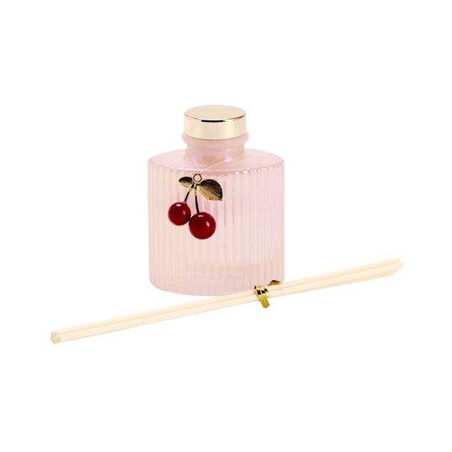 Diffuseur &agrave; b&acirc;tonnets 100ml verre color&eacute; stri&eacute; pampille cerises (2 mod&egrave;les)