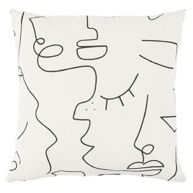Coussin d&eacute;co line art visage 45x45cm blanc et noir