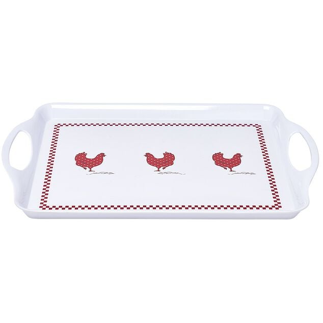 Plateau rectangulaire design poule m&eacute;lamin&eacute; rouge et blanc