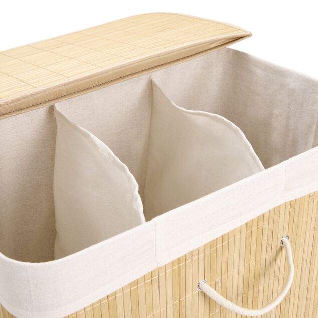 Coffre &agrave; linge 3 compartiments ext&eacute;rieur bambou doublure polyester beige 150L