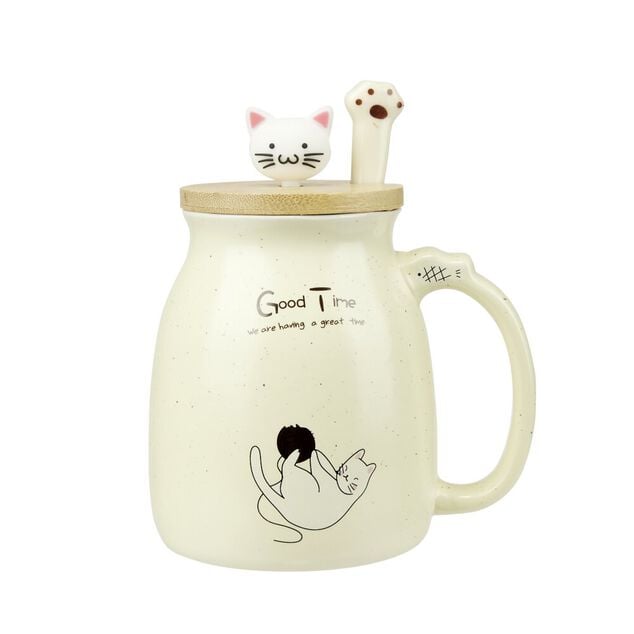 Tasse céramique motif chat kawaii avec couvercle bois et cuillère (3 modèles)