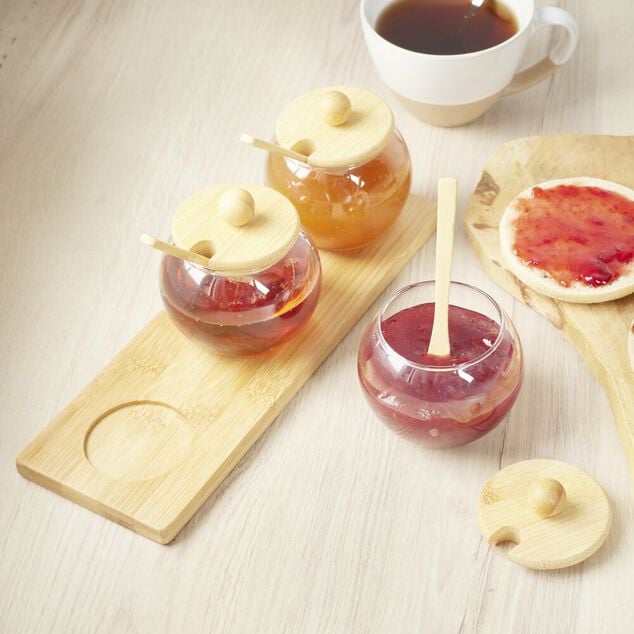 Support en bambou avec 3 bocaux 250ml et 3 cuillères 29x10xH8cm