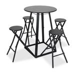 Table de bar haute avec 4 chaises &agrave; d&eacute;plier m&eacute;tal et bois noir &Oslash;105xH170cm