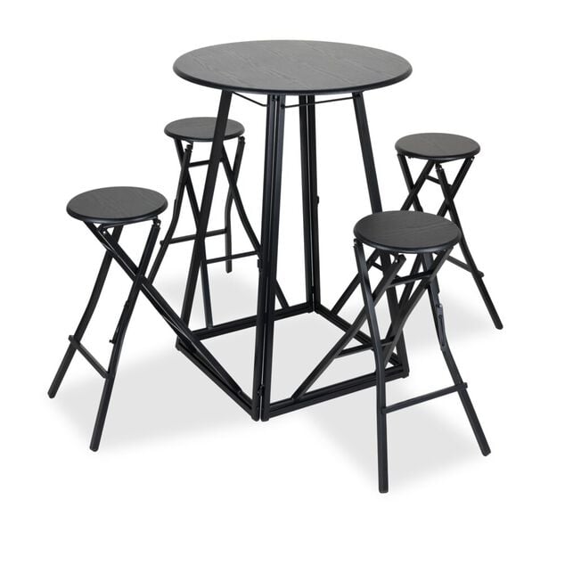 Table de bar haute avec 4 chaises &agrave; d&eacute;plier m&eacute;tal et bois noir &Oslash;105xH170cm