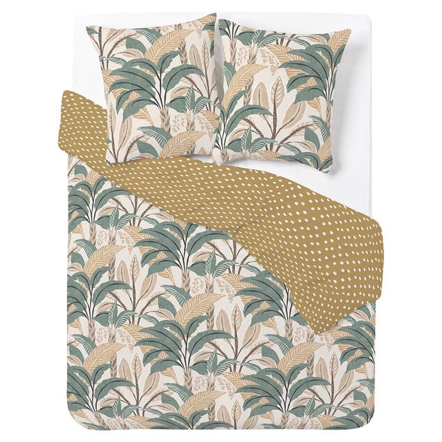 Parure de lit 2 personnes 240x220cm r&eacute;versible feuillage exotique marron