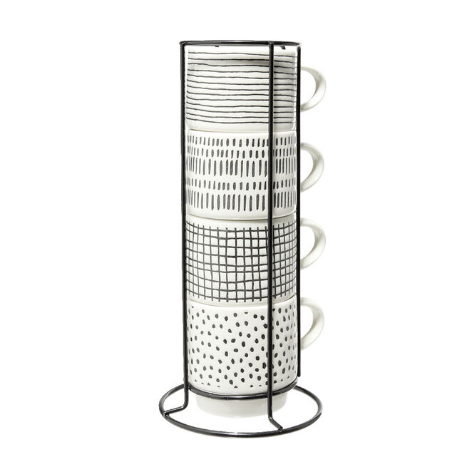 Lot de 4 tasses empilables 20cl porcelaine blanc et noir avec support m&eacute;tal