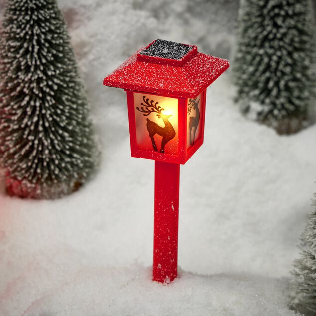 Borne solaire lanterne rouge vintage 10LED blanc chaud effet flamme H37cm