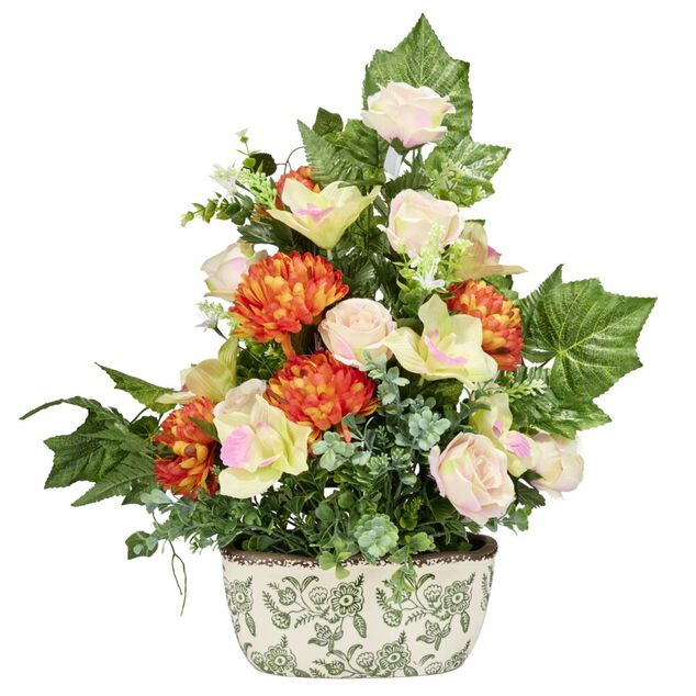 Jardini&egrave;re c&eacute;ramique chrysanth&egrave;mes roses orchid&eacute;es lierre 58x10xH62cm (3 mod&egrave;les)