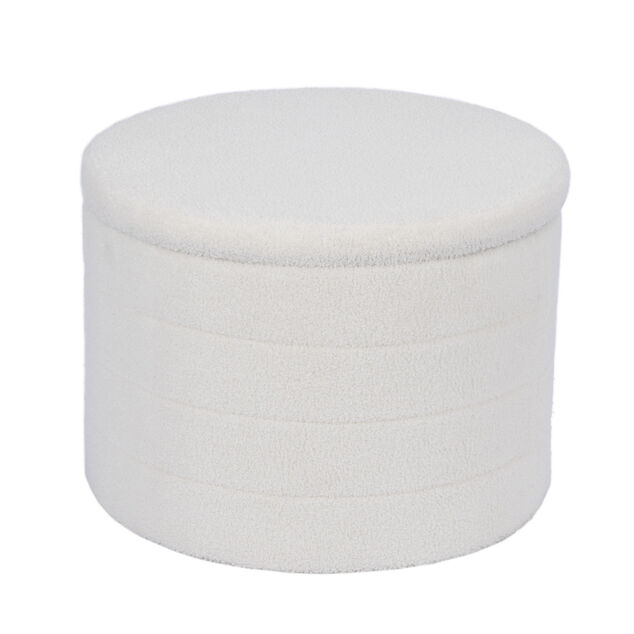 Pouf coffre de rangement rond blanc tissu bouclette Clara Ø56xH40cm