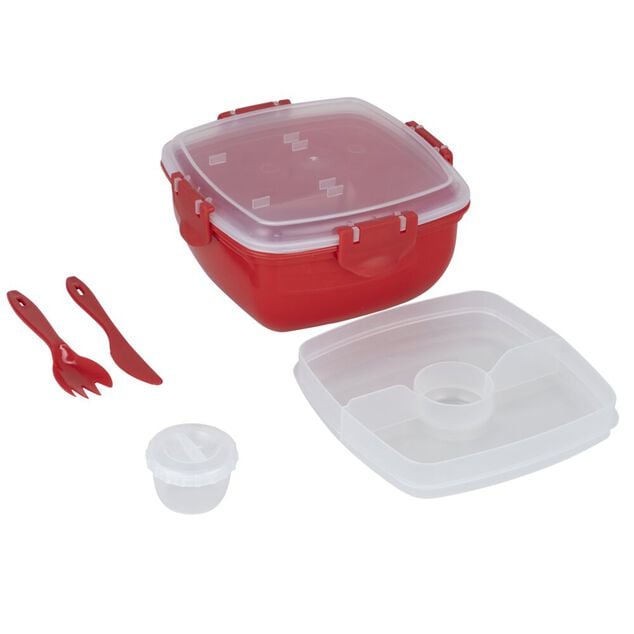 Lunch box plastique 900ml avec couverts et pot &agrave; sauce 17x17xH8,5cm (2 mod&egrave;les)