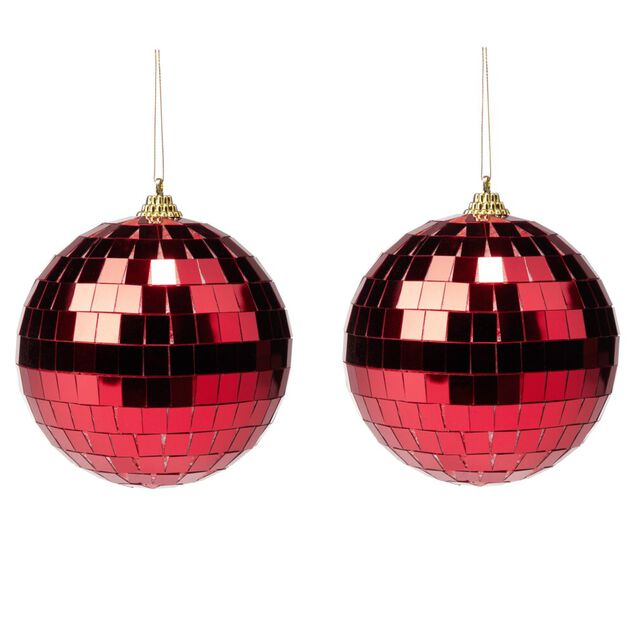 Boule de No&euml;l disco x2 en verre et plastique rouge &Oslash;9,5cm