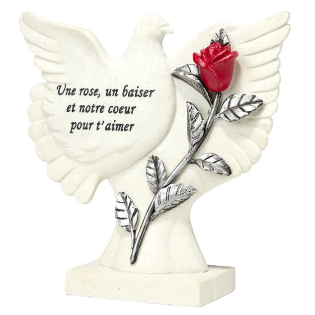 Plaque fun&eacute;raire inscription oiseau et fleur rose rouge r&eacute;sine blanc 21,5x9xH23cm
