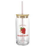 Gobelet en verre motif fraise avec paille et couvercle bambou 600ml