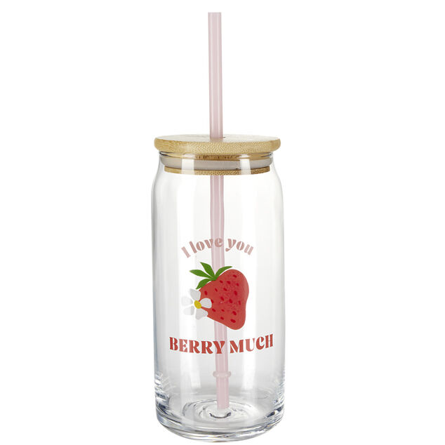 Gobelet en verre motif fraise avec paille et couvercle bambou 600ml