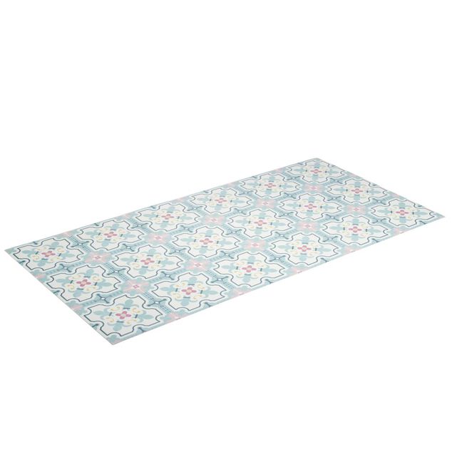 Tapis vinyle rectangulaire motif carreau de ciment beige et bleu 50x100cm
