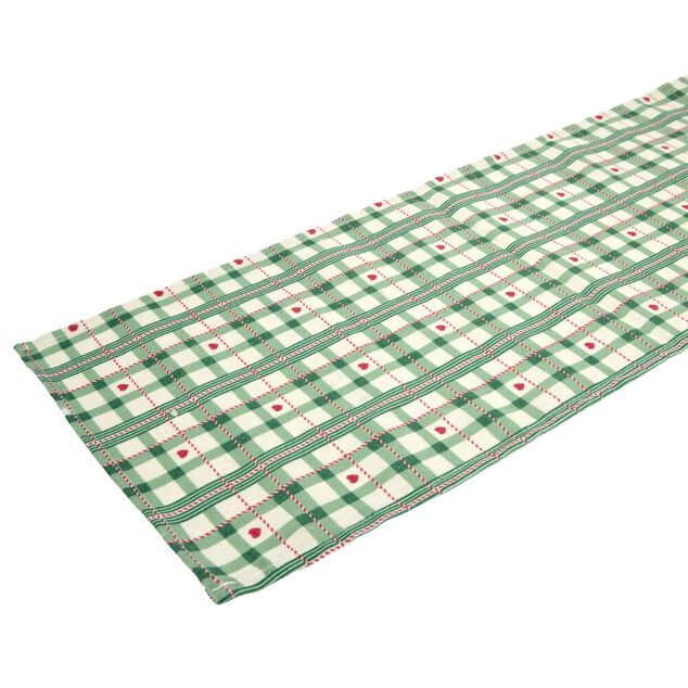 Chemin de table imprim&eacute; tartan et coeur L300X28 cm vert rouge et blanc