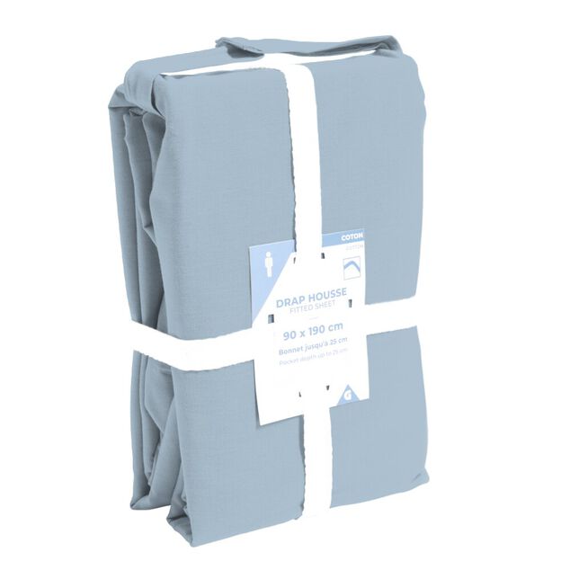 Drap housse 90x190cm 100% coton bleu chin&eacute;
