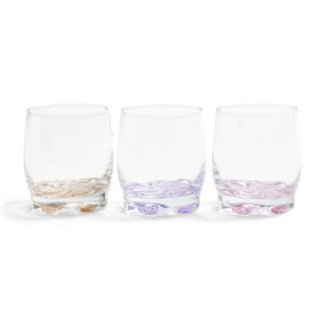 Lot de 3 verres 29cl en verre transparent fond color&eacute; rose/violet/orange