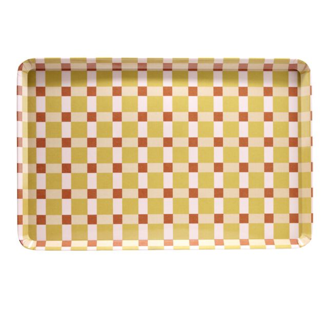 Plateau rectangulaire m&eacute;lamin&eacute; damier irr&eacute;gulier orange et rose 29,5x45,5cm