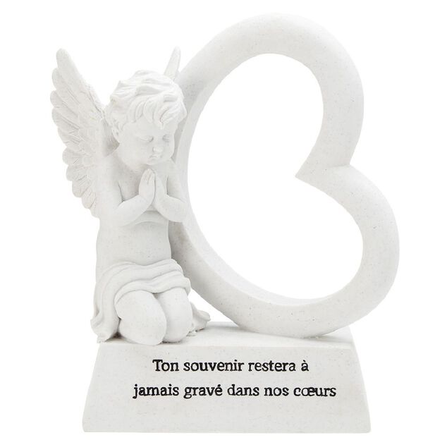 Plaque fun&eacute;raire Ange+coeur sur socle blanc