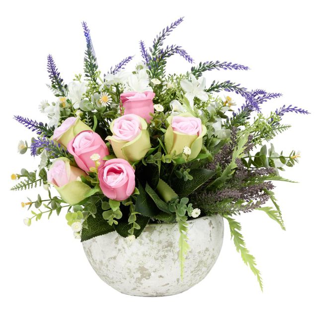 Vasque ciment roses bruy&egrave;re et gypsophile &Oslash;33xH32cm (4 mod&egrave;les)