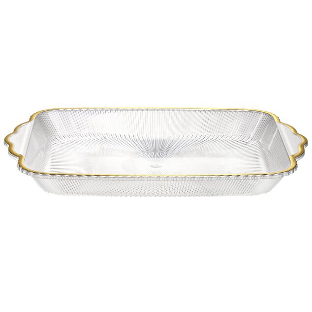 Plateau rectangulaire plastique arabesque Sabah transparent et dor&eacute; L41cm