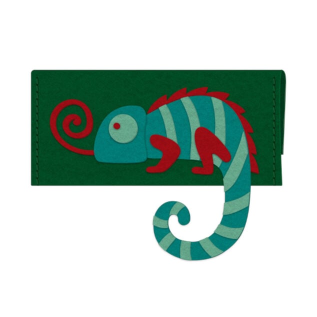 Sac DIY en feutrine &agrave; coudre motif cam&eacute;l&eacute;on vert et rouge