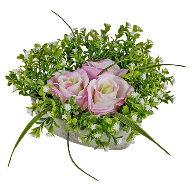 Composition fleur artificielle rose couleur rose pot ciment forme coeur