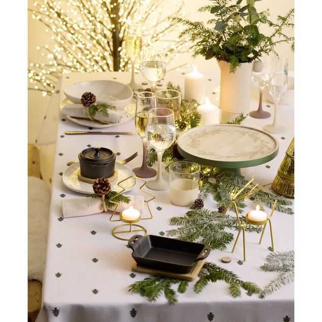 Nappe en faux lin imprim&eacute; sapin de No&euml;l L300X140 cm blanc et vert
