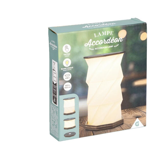 Lampe accord&eacute;on USB tactile en bois blanc chaud &Oslash;12xH22cm