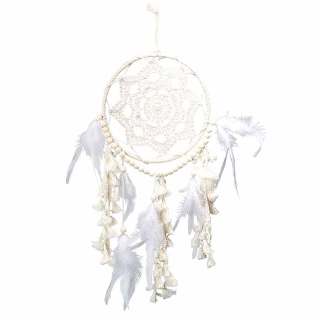 Attrape r&ecirc;ves macram&eacute; perle plume beige et blanc