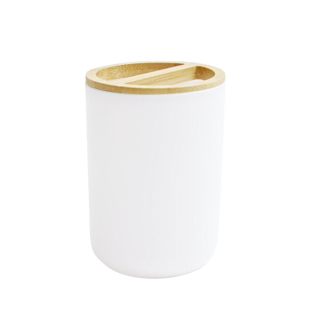 Porte brosse &agrave; dent en plastique et bambou &Oslash;7xH10,7cm - 2 mod&egrave;les noir ou blanc