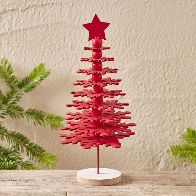D&eacute;coration No&euml;l sapin &agrave; poser rouge sur socle bois &Oslash;10xH25cm