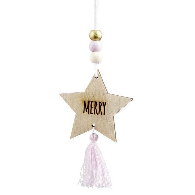 Suspension &Eacute;toile de No&euml;l en bois avec pompon et perles H10,5cm