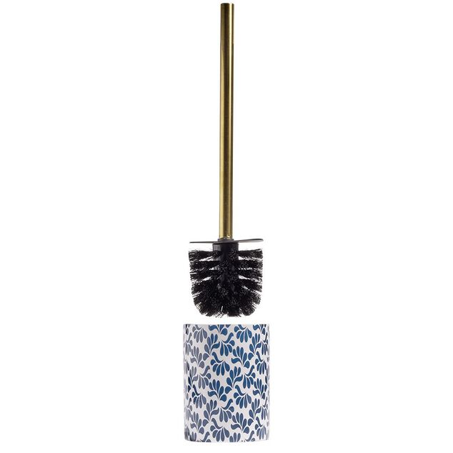 Brosse WC manche dor&eacute; socle gr&egrave;s motif floral bleu et blanc &Oslash;9,2xH36cm