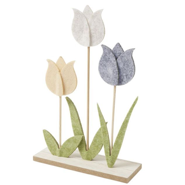 D&eacute;coration &agrave; poser fleur tulipe feutrine et bois 17,5xH26cm