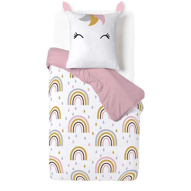 Parure de lit enfant 1 personne 140x200cm r&eacute;versible motif licorne arc-en-ciel rose