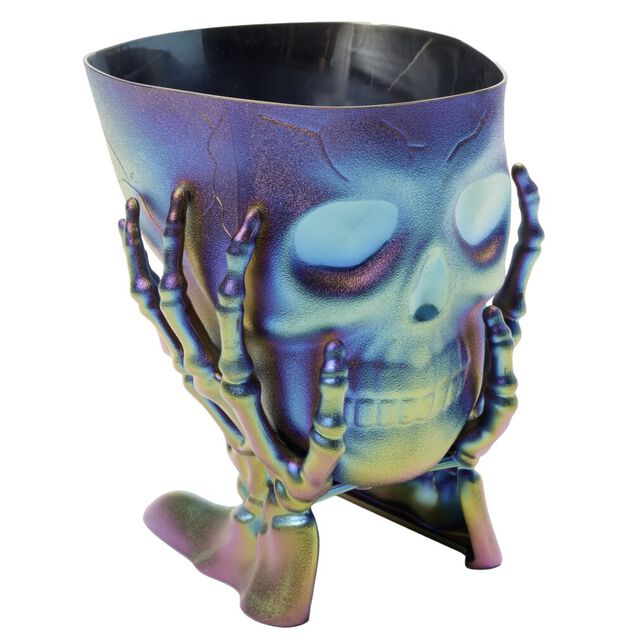 Seau &agrave; bonbons Halloween t&ecirc;te de squelette violet iridescent 17x14xH13cm