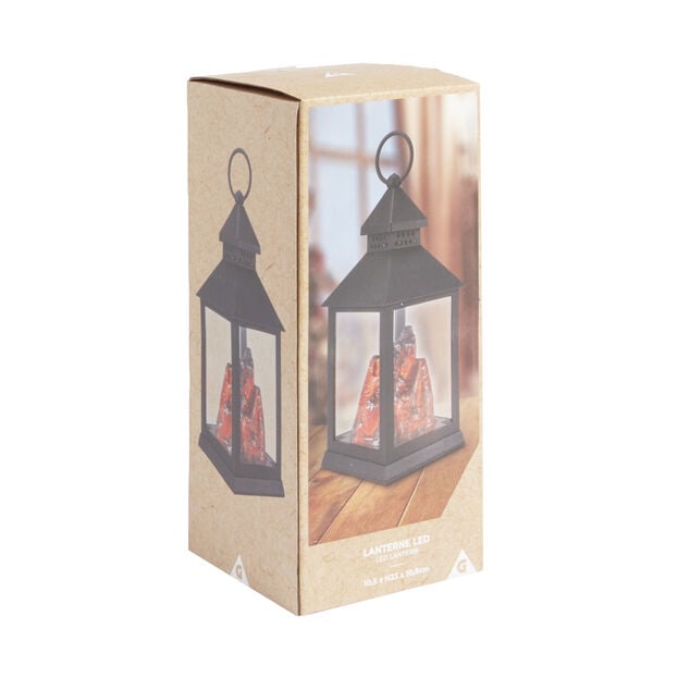 Lanterne LED carr&eacute; &agrave; piles avec braise artificielle 10,5x10,5xH23cm
