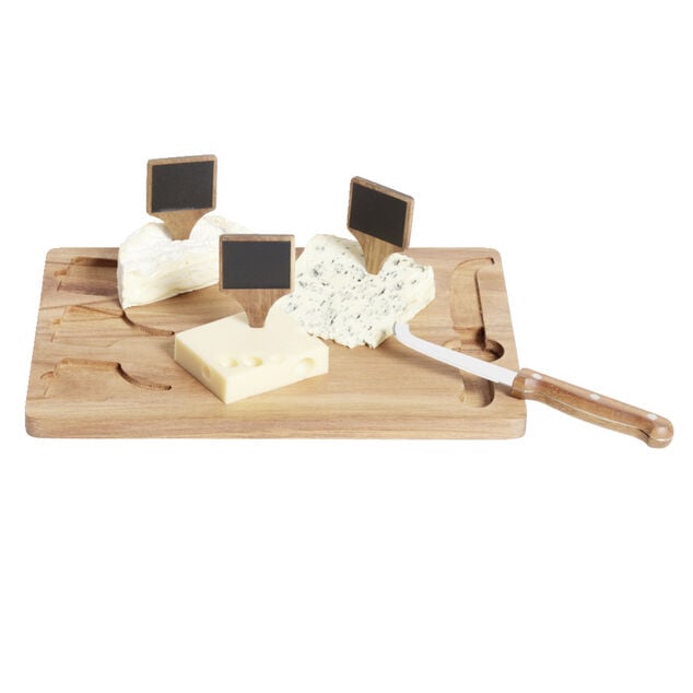 Plateau &agrave; fromage en bois avec couteau et 3 pancartes