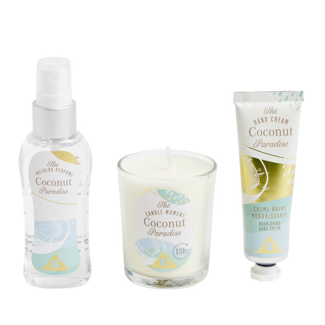 Coffret senteur avec bougie/cr&egrave;me mains/parfum d'int&eacute;rieur