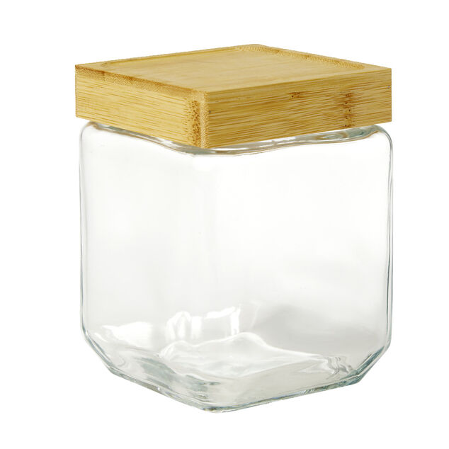 Pot de conservation herm&eacute;tique carr&eacute; en verre avec couvercle bambou 12cl
