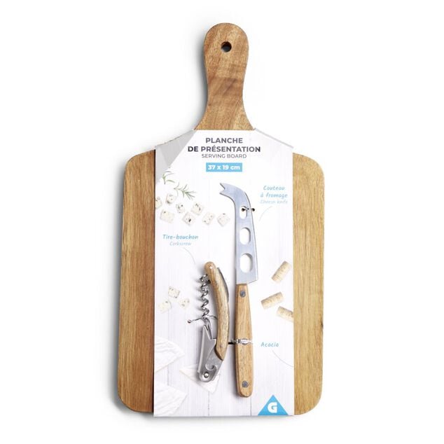 Planche de pr&eacute;sentation avec couteau et tire-bouchon acacia 37x19cm