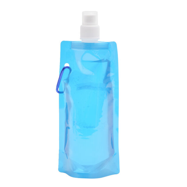 Gourde souple de voyage 480ml en plastique bleu avec mousqueton 12x26cm