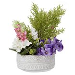 Pot ciment plante et fleur artificielle violet &Oslash;18xH25cm