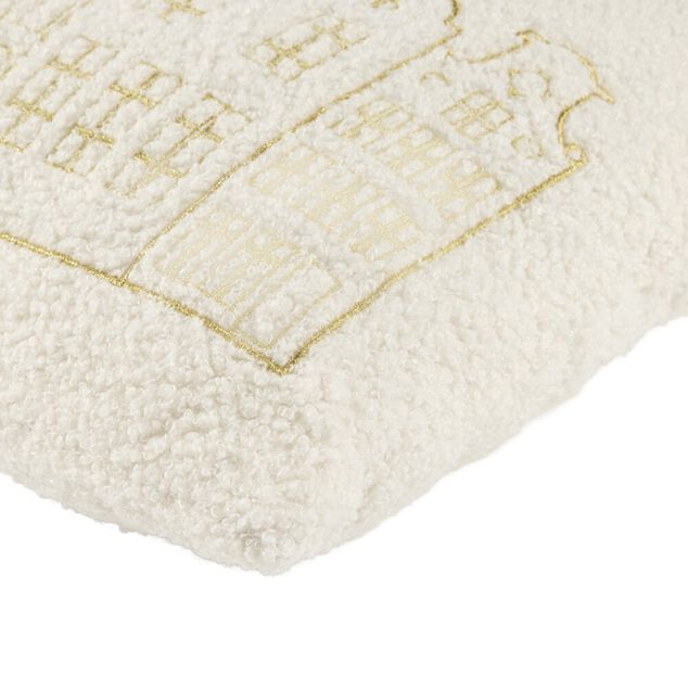 Coussin carr&eacute; imprim&eacute; village de No&euml;l tissu bouclette L40X40X&eacute;p. 8 cm blanc