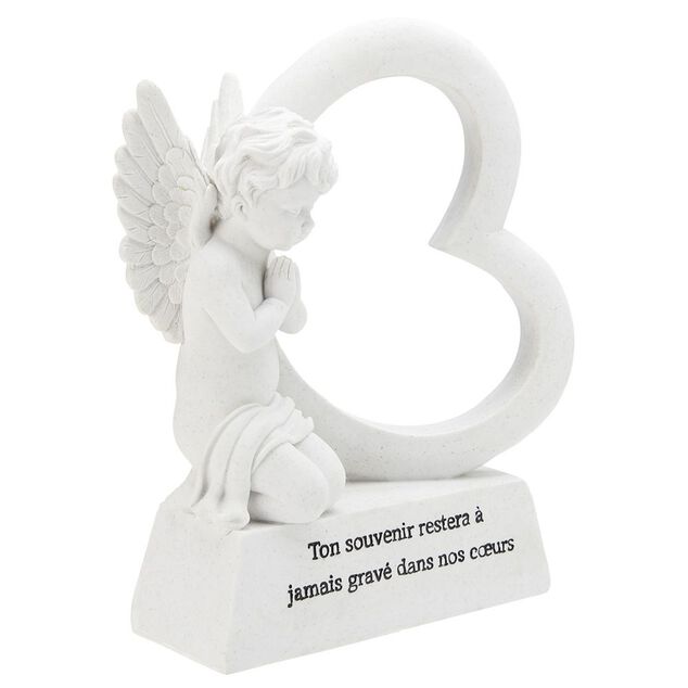 Plaque fun&eacute;raire Ange+coeur sur socle blanc